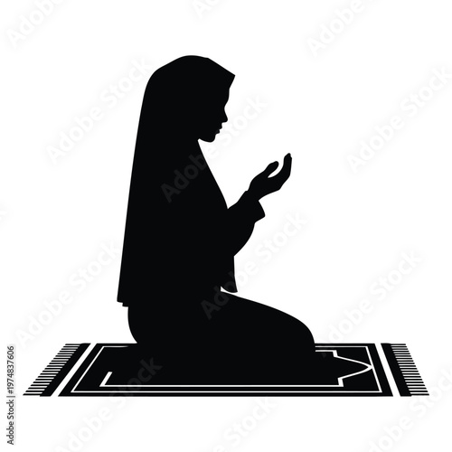 Islamic woman praying on a prayer rug with hands raised in supplication symbolizing devotion faith and spiritual connection during religious observance