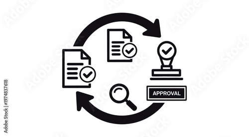 Business approval process and checklist icon set illustrating workflow steps, task validation and verification for management and corporate operations.