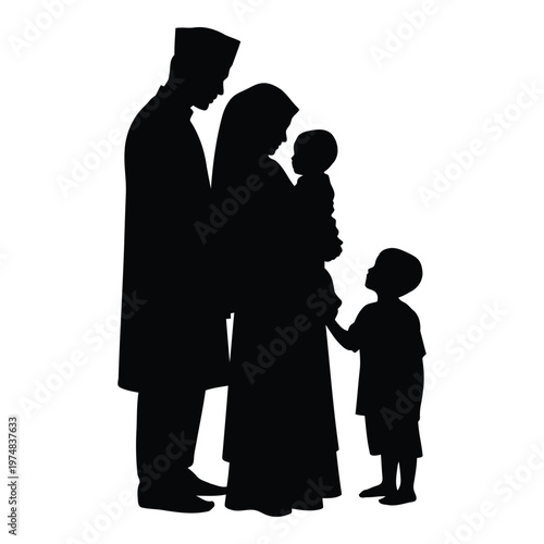 Islamic family silhouette featuring a father wearing a kufi cap and traditional attire a mother in a hijab holding a baby and a young son looking up at his