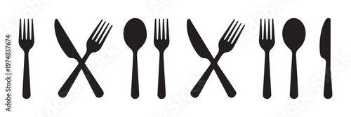 Cutlery set black silhouette. fork spoon knife icon restaurant kitchen tool collection vector illustration.