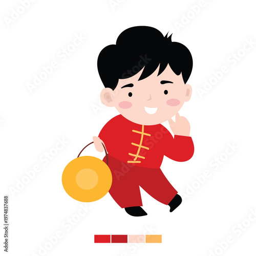 happy chinese boy with gong tradional tools music. chinese new year