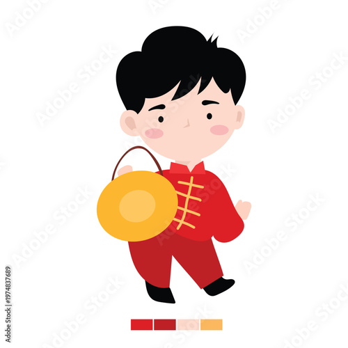 happy chinese boy with gong tradional tools music. chinese new year