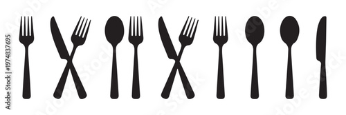 Kitchen silverware collection with various fork spoon and knife arrangements for restaurant dining concepts.