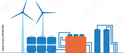 Illustration of a wind energy system with turbines, battery storage, and hydrogen tanks for renewable power generation and storage, renewable energy vector illustration