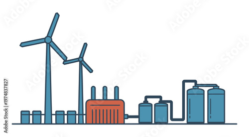 Illustration of a wind energy system with turbines, battery storage, and hydrogen tanks for renewable power generation and storage, renewable energy vector illustration