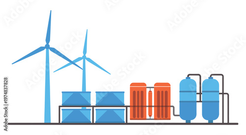 Illustration of a wind energy system with turbines, battery storage, and hydrogen tanks for renewable power generation and storage, renewable energy vector illustration
