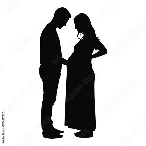 Expectant couple silhouette  pregnant woman and man touching bellies  happy family  love and parenthood