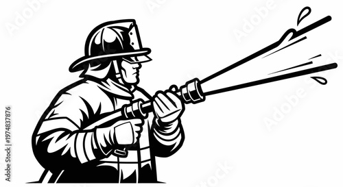 Firefighter spraying water from hose.