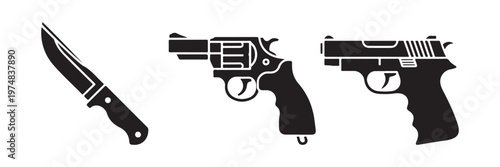 Set of isolated black weapon silhouettes including knife revolver and pistol vector graphic collection.