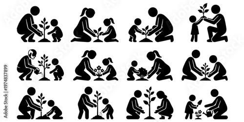 Family planting tree icons set, black silhouette stick figures gardening together, 12 vector elements of parents and children growing plants