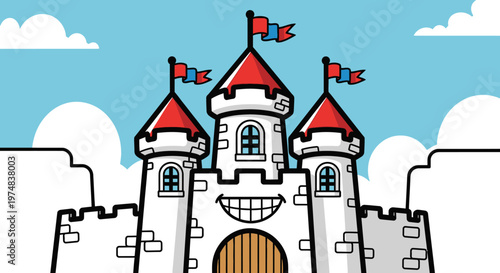 Cartoon Castle with Towers and Flags.