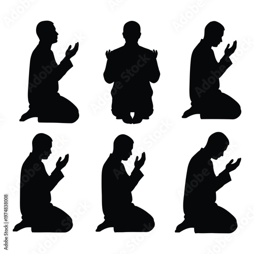 Collection of black silhouettes of men kneeling and praying in various poses suggesting deep devotion and contemplation for religious or spiritual themes