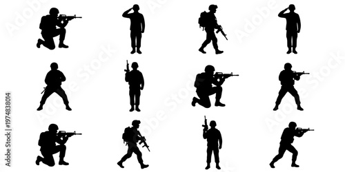 Military soldier silhouettes set, 12 tactical army infantry vector elements. Special forces commandos in combat poses, armed troops with rifles and gear.