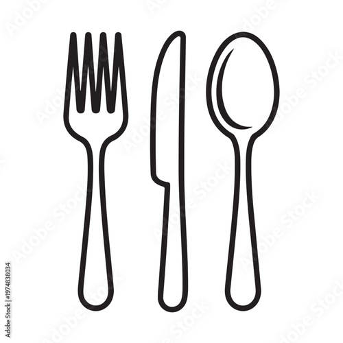 Vector outline illustration of cutlery fork knife and spoon isolated on white background for food theme.