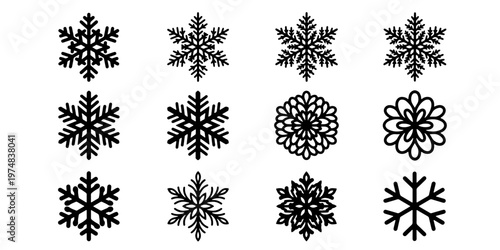 Minimalist snowflake icons set, black winter snow crystal silhouettes, 12 geometric ice flake vector elements for Christmas and holiday design
