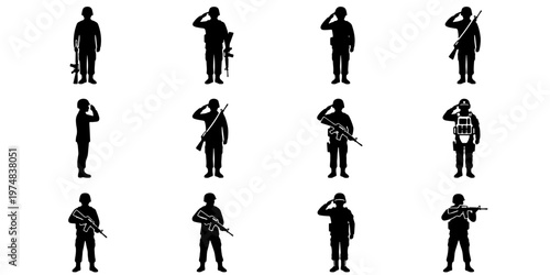 Military soldier silhouettes set, 12 army infantry vector icons, armed forces personnel in uniform saluting and holding rifles, black war combatant figures
