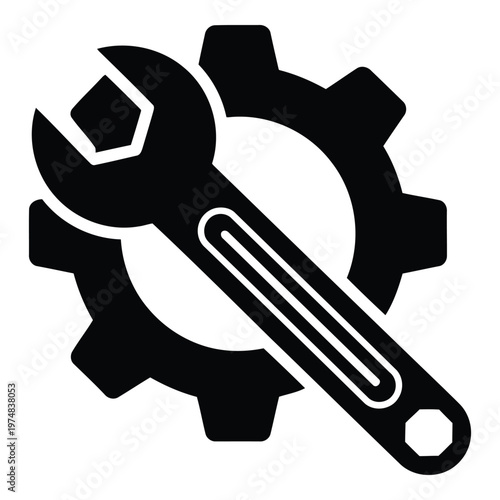 Black wrench and gear icon for mechanics and engineering  symbol for repair and maintenance services  gearwheel and adjustable spanner tool