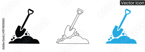 Shovel digging into a pile of dirt on white background vector icon set