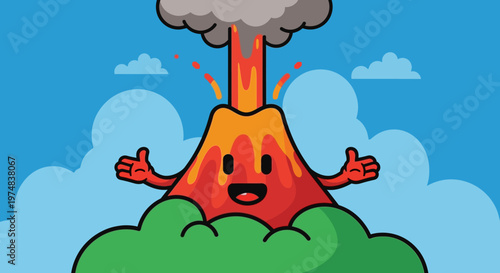 Cartoon Volcano Character Erupting.