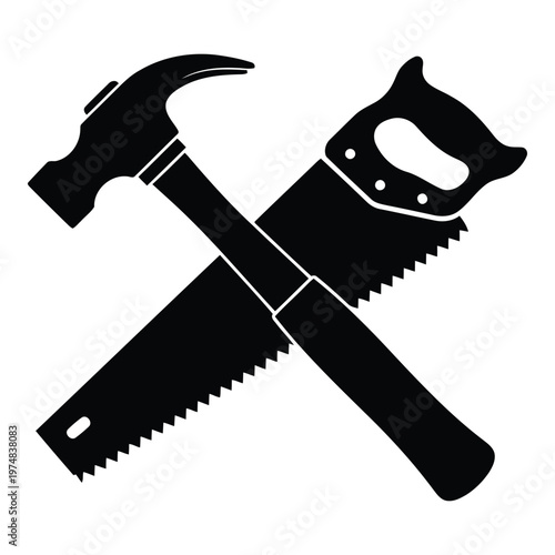 Obraz na plátně Black silhouette of hammer and handsaw crossed over each other for construction