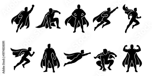 Superhero silhouette collection, 10 black vector icons of heroic characters in action poses, flying and standing comic book hero set for graphic design