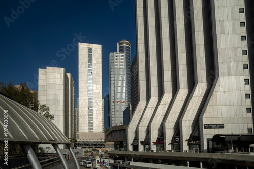 Tel Aviv, Israel, 2 April 2026, Modern brutalist architecture of U-Bank Tower, Tel Aviv area, Israel Diamond Exchange skyscrapers, Ramat Gan