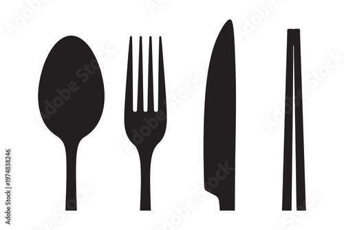 Large spoon fork knife and chopsticks silhouette arrangement for culinary menu design and restaurant branding.
