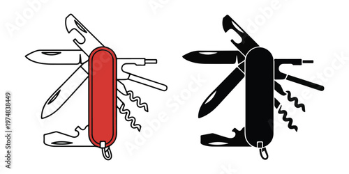 Swiss army knife outline vector art, tourist pocket knife or multi-tool camping icon in flat style.