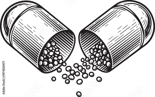 Opened Capsule with Granules Spilling Out, Open Capsule with Pellets Spilling Out - Medical and Pharmaceutical Concept