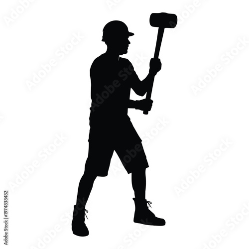 A silhouette of a construction worker wearing a hard hat and holding a large sledgehammer is poised to strike embodying strength