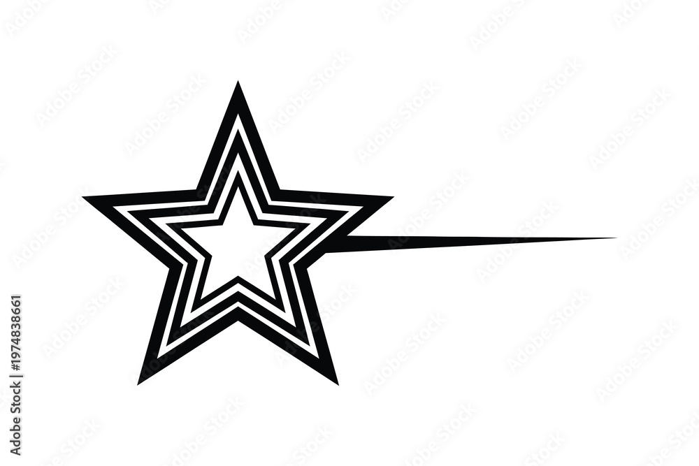 Fototapeta premium Abstract black and white illustration of a star with a shooting tail, minimalist design, isolated on white background.