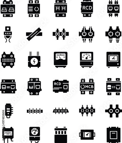 Set of electrical circuit breaker and distribution board components with electrical, distribution