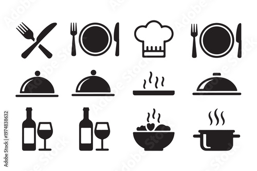 Set of various black food and drink icons including cutlery plates chef hat wine bottles and cooking utensils on white.