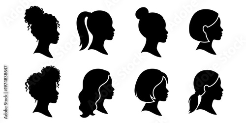 Black woman profile silhouette set, 8 female head icons with diverse hairstyles, African American woman face side view vector collection