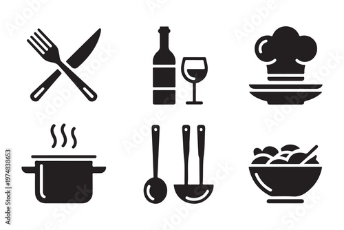 Collection of black food and drink related icons including cutlery wine bottle chef hat cooking pot and salad bowl.