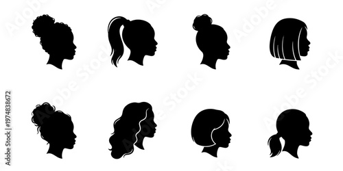 Black woman silhouette head profile set, 8 female hair styles icons, African American girl face side view, natural curly and straight hair vector
