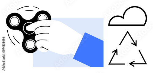 Stress relief, eco-consciousness, environment, mindfulness, waste reduction, recycling. A hand spins a fidget spinner with cloud and recycling icon. Stress relief and eco-consciousness concept
