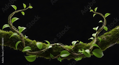 A thick, mossy branch arcs, entwined by vibrant green vines and leaves against a black backdrop