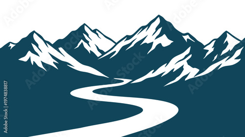 A winding river flows through a mountainous landscape in shades of blue.