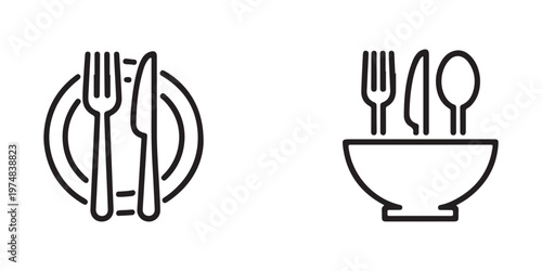 Minimalist line icons food theme plate with cutlery and bowl with utensils for dining and cooking concepts.