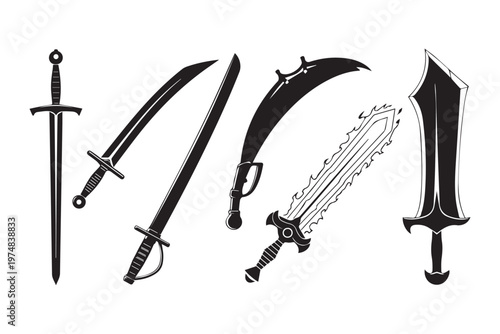 Collection of various fantasy swords, blades and knight weapon silhouettes.