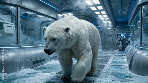 Polar bear walking through a futuristic research station corridor with steam and ice on the floor while a scientist works in the background
