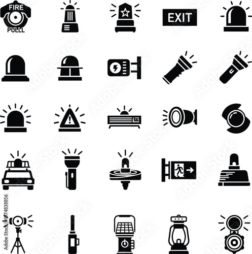 Set of emergency alarm siren light safety equipment icons emergency security flashlight