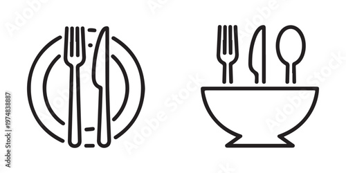 Kitchen cutlery icons set with plate and bowl line art representing dining services and restaurant equipment.