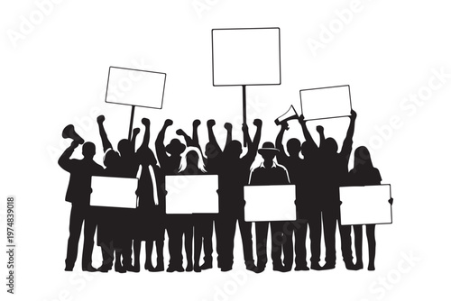 Crowd of people protesting with placards and signs silhouette.