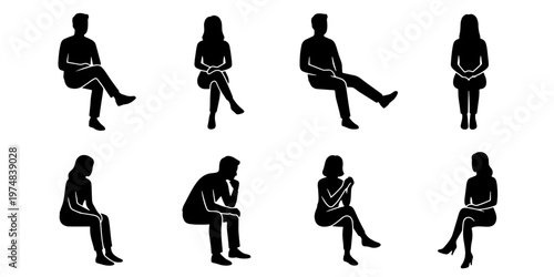 Sitting people silhouettes collection, set of 8 black vector figures in seated poses, casual men and women characters for architectural visualization