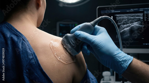 Medical doctor performs calm ultrasound examination using probe and gel on shoulder of patient in professional clinic environment to diagnose possible injury