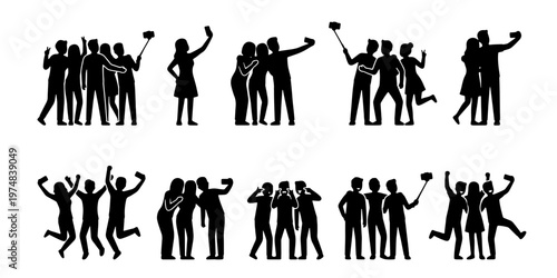 People taking selfie silhouettes, group of friends posing for mobile phone photos, collection of 10 vector icons of tourists and teenagers using smartphones