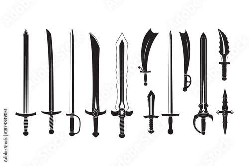 Collection of various fantasy swords, blades and knight weapon silhouettes.