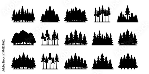 Pine forest silhouette collection, 15 black tree line icons, evergreen coniferous woodland vector set, minimalist nature landscape elements